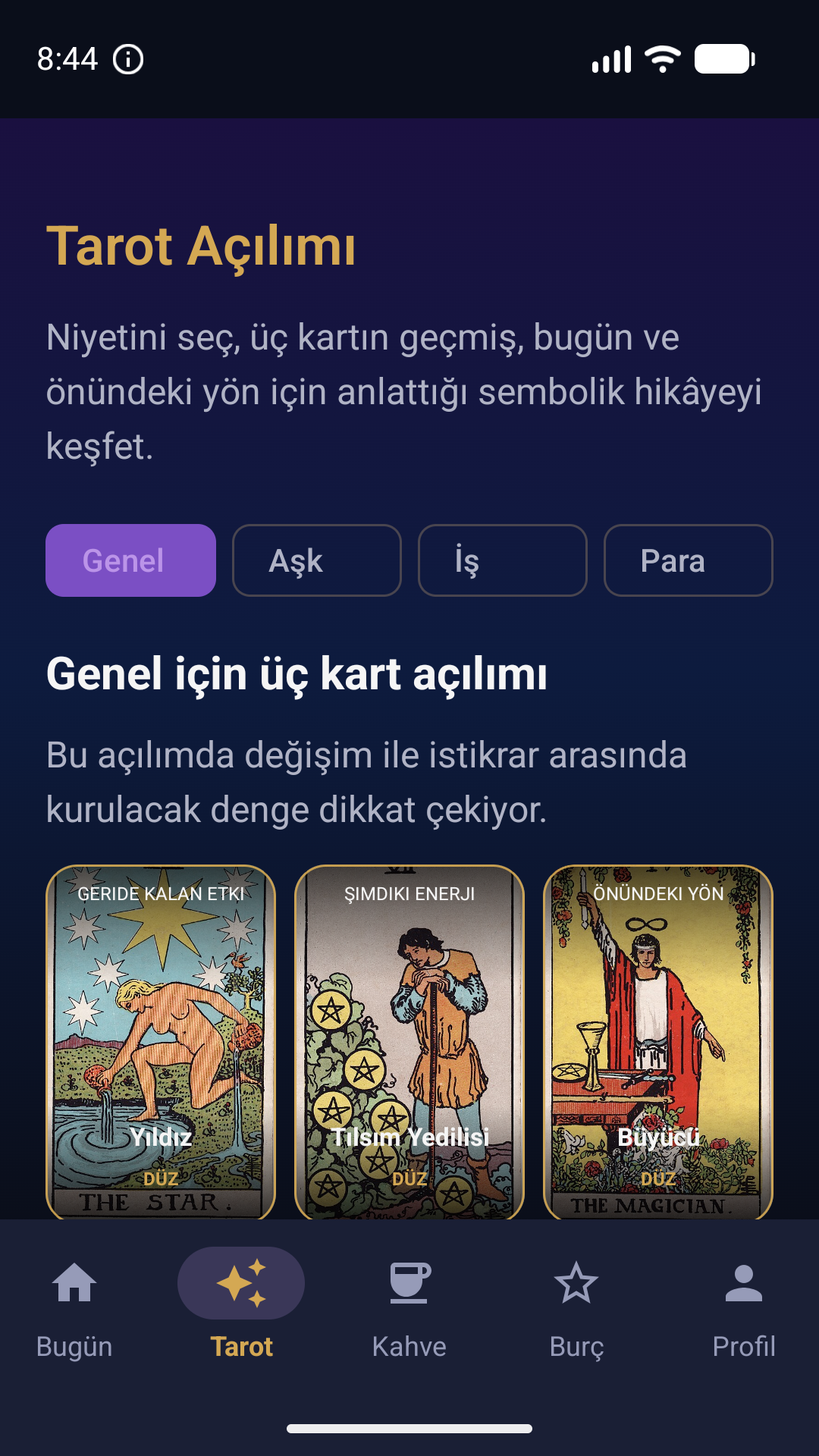 Kozmik Rehber uygulamasında görsel tarot kartları ve Türkçe tarot yorumu